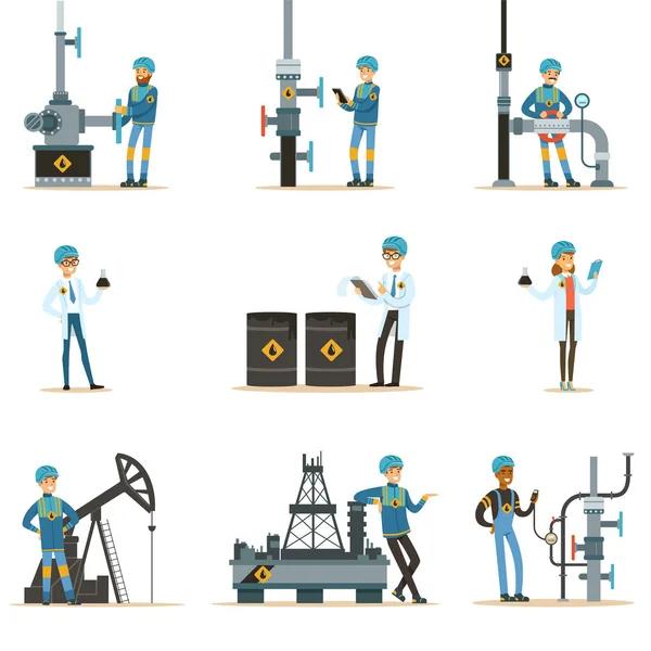 Счастливые люди, работающие в нефтяной промышленности набор персонажей мультфильма на конвейер и извлечения Нефтемаш — стоковый вектор
